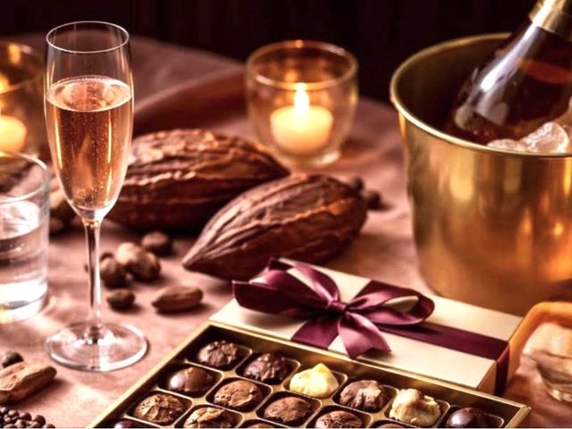 A box of artisan chocolates with cacao pods, candlelight and a copper cup