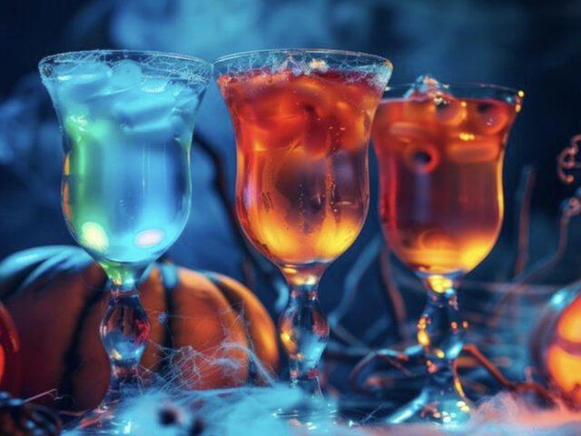 Glowing green goblets and spooky potions on a Halloween table