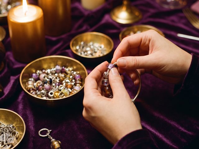 Hands threading beads onto a charm bracelet by candlelight