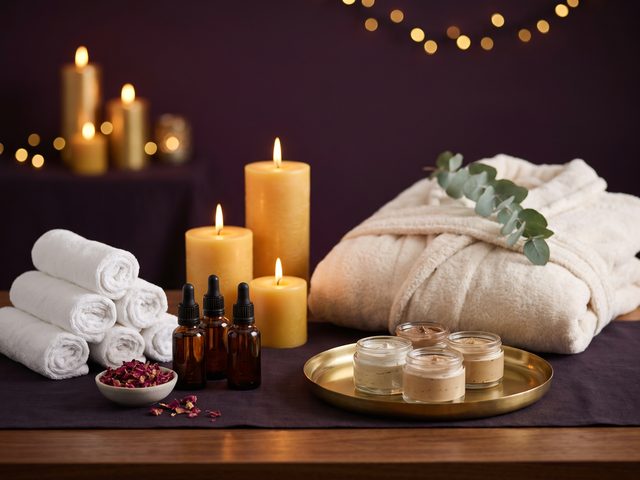 Rolled towels, candles, massage oils and face-mask pots laid out on a dark cloth