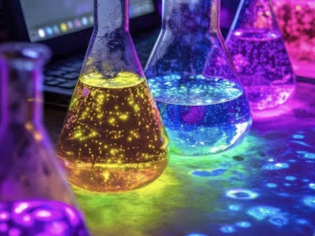 Glowing potion flasks in purple and green light